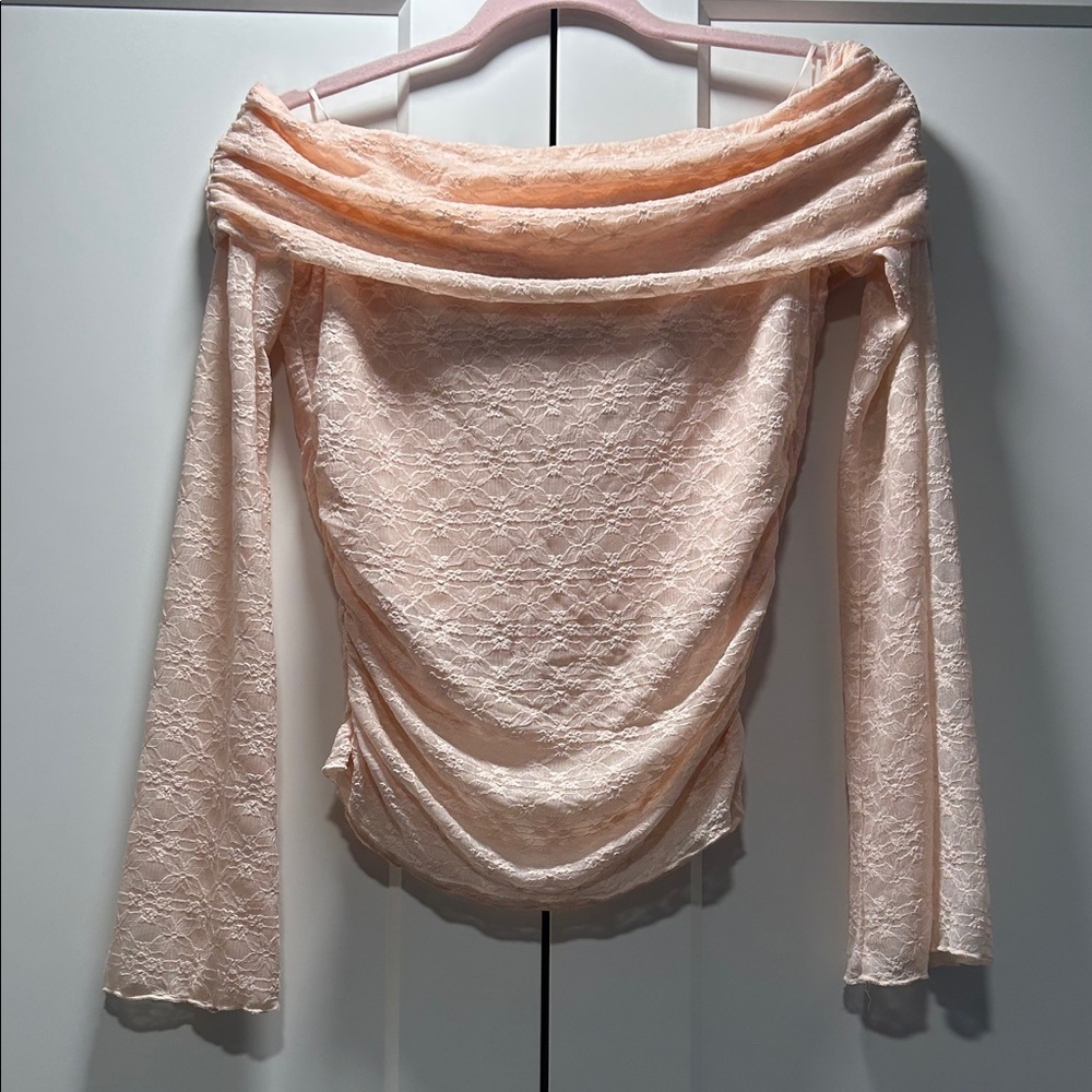 All in Favor Pink Lace Off-Shoulder Long Sleeve Top